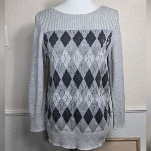 Talbots Light Gray and Dark Gray Argyle Wool Blend Sweater, Size M